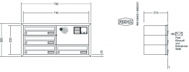 RENZ Briefkastenanlage Unterputz, Eckrahmen, Edelstahl V4A, Kastenformat 370x110x270mm, mit Klingel - & Lichttaster und Vorbereitung Gegensprechanlage, 4-teilig